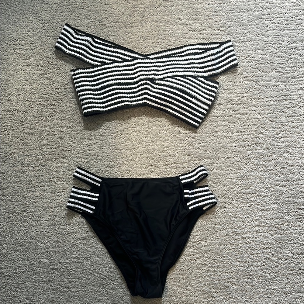 Black and White Striped Bikini Set